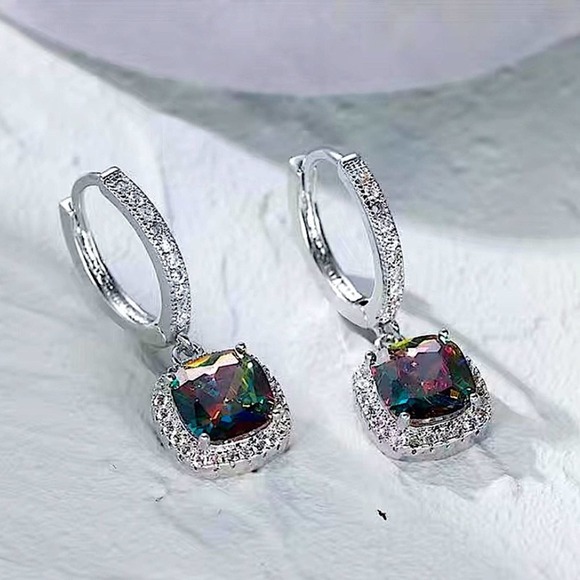 Mystic Topaz White Gold Plated Square Cut Zircon Dangle Earrings - Picture 6 of 7